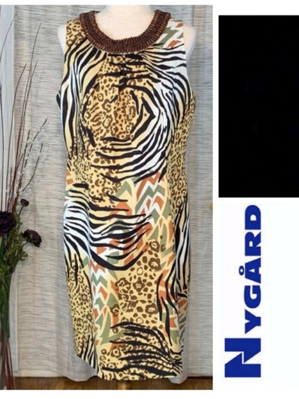Peter Nygard multicolored animal and jungle print sleeveless sheath dress.